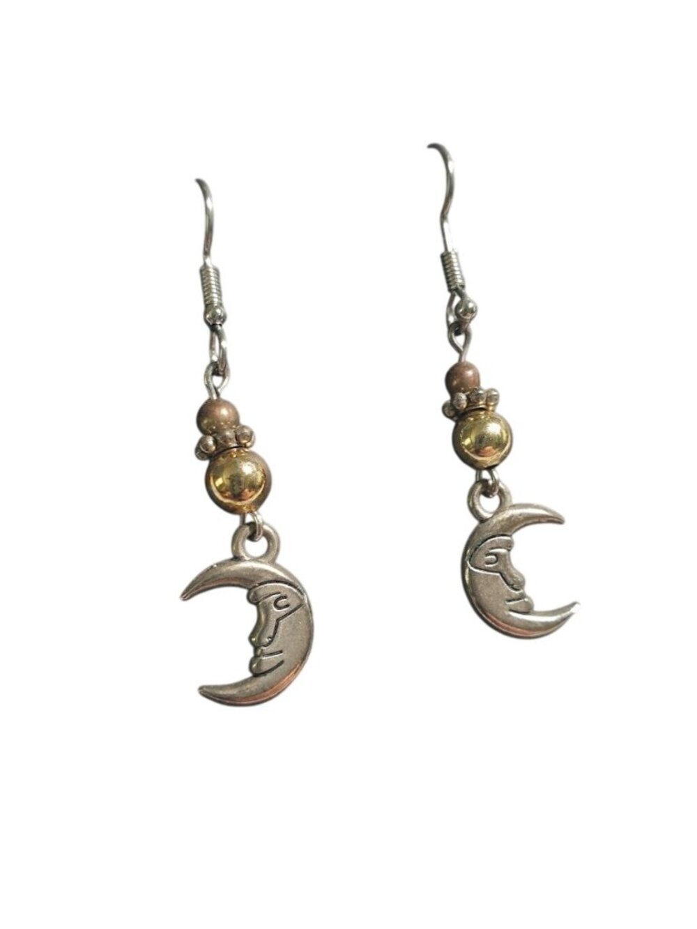 Silver Tone Crescent Moon Dangle Earrings Boho Beads Hook Celestial Medium Gift